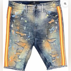 Jordan Craig Distressed Blue Denim Shorts with Orange Accents Boys Size 16